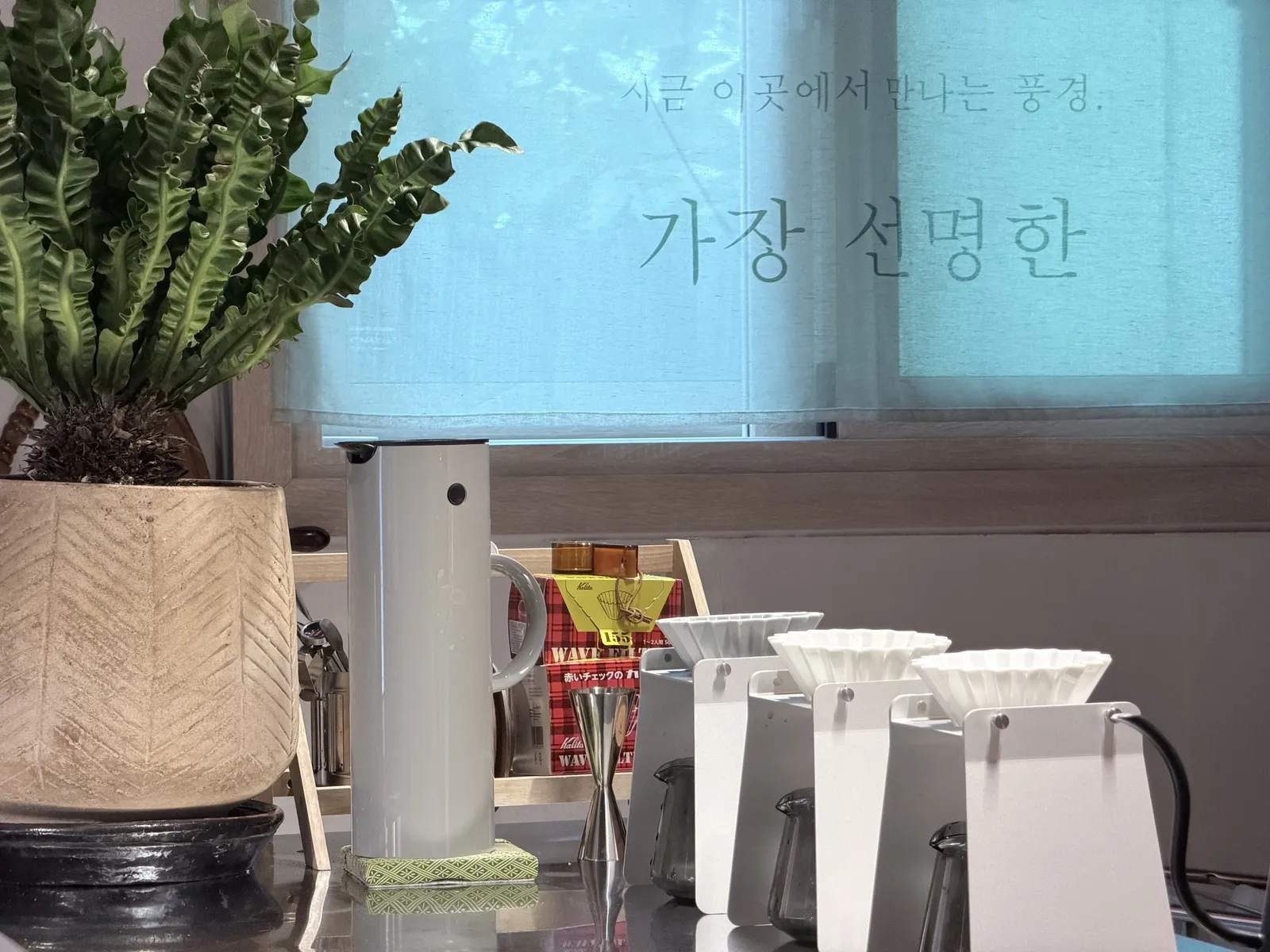 비욘드빌리지 드립바. 드리퍼 세 개와 서버가 나란히 놓여 있다